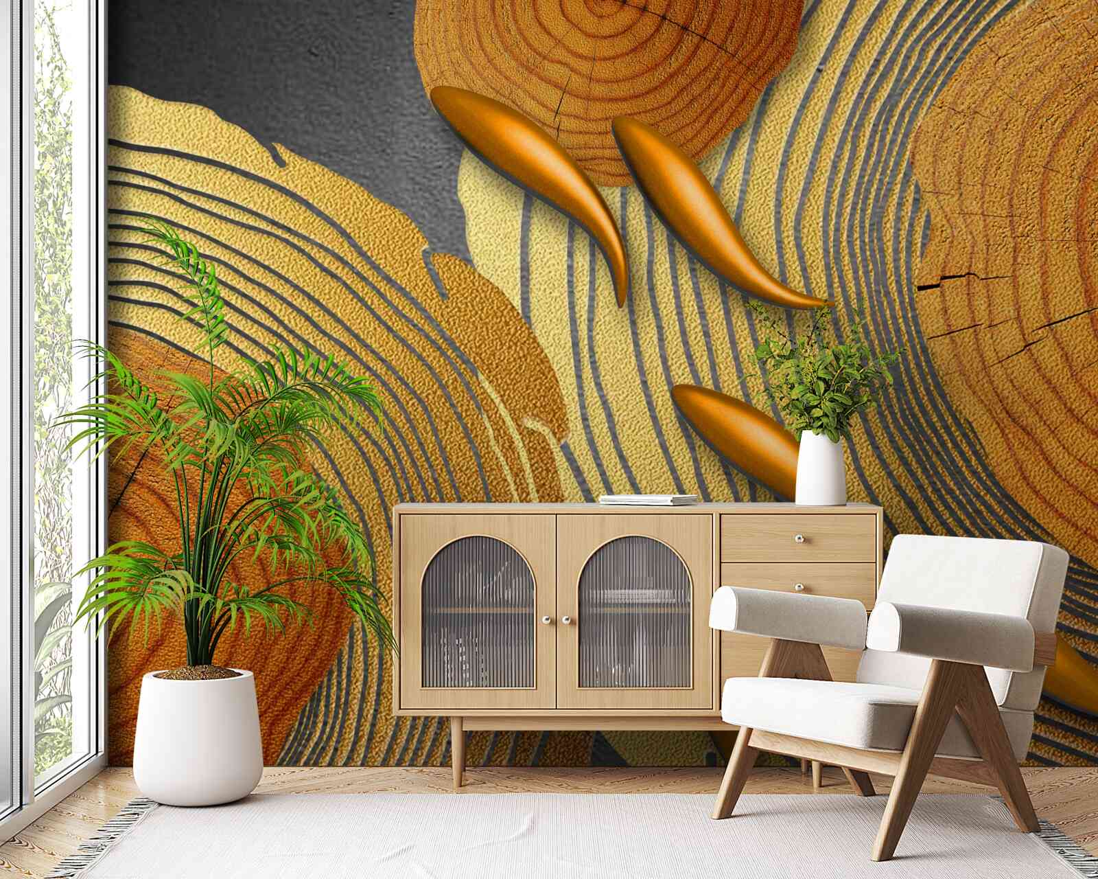 Фотошпалери скульптури на деревах прикрашені золотими рибками