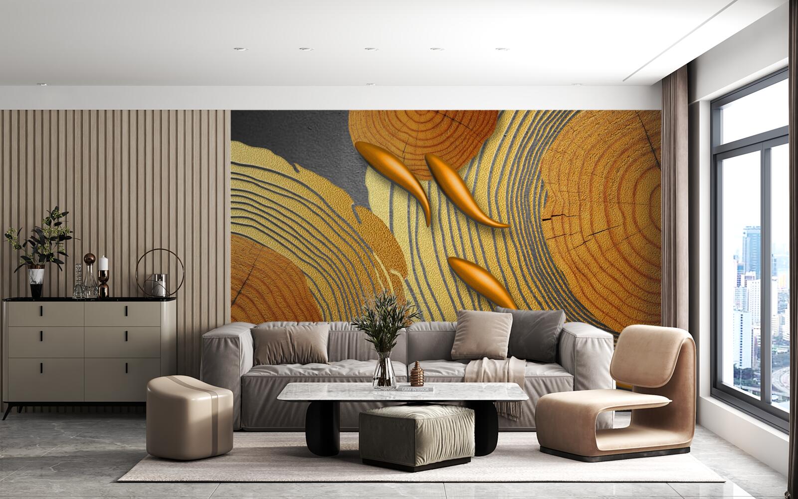 Фотошпалери скульптури на деревах прикрашені золотими рибками