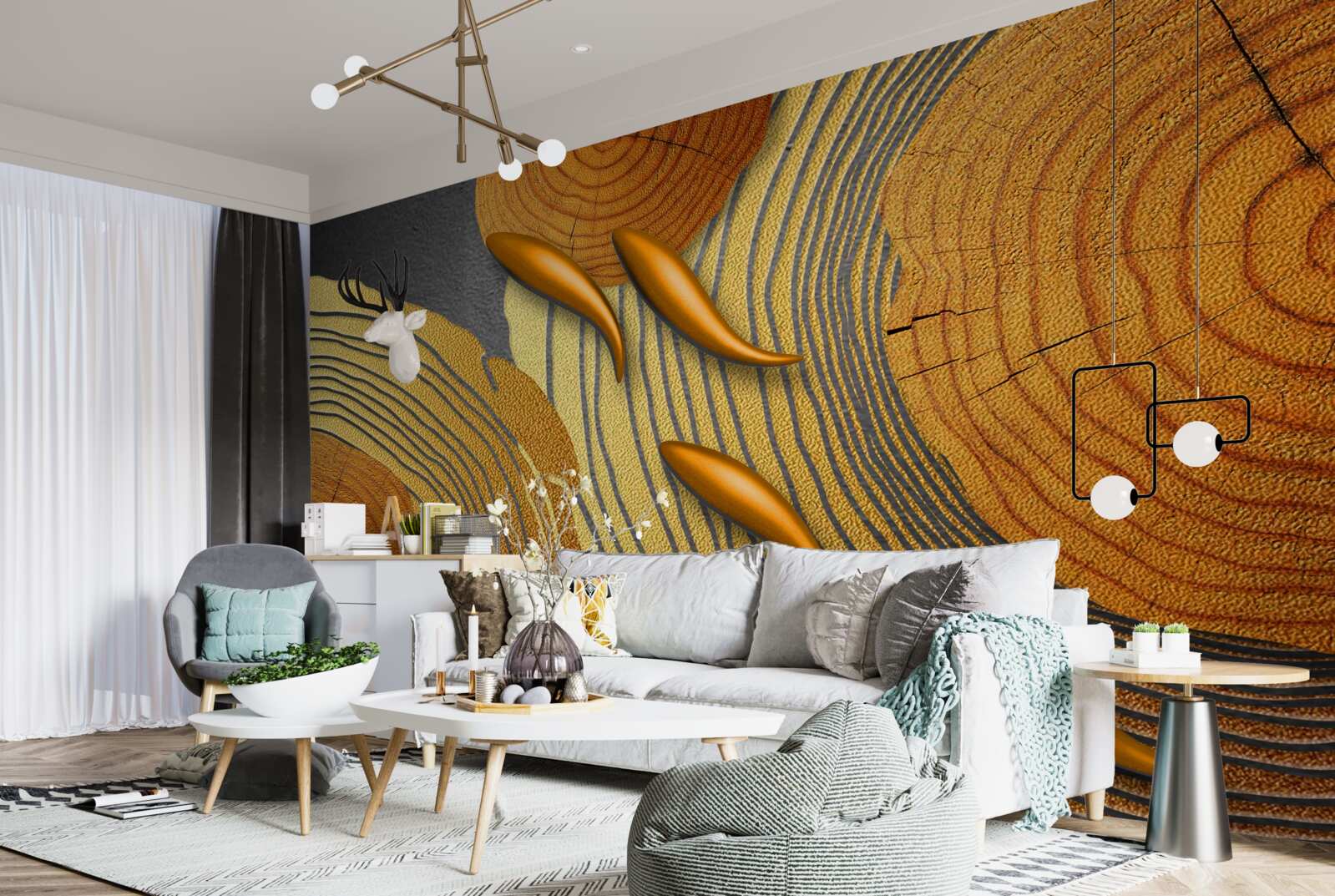 Фотошпалери скульптури на деревах прикрашені золотими рибками