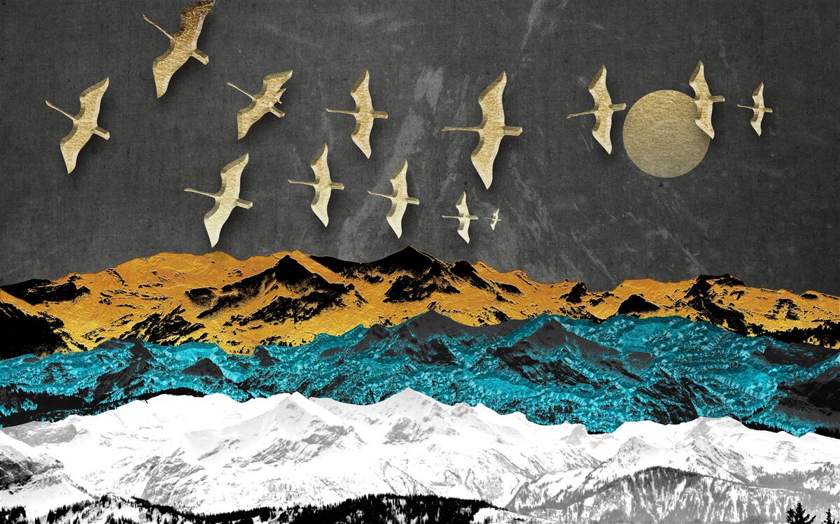 Фотошпалери група кранів ковзає над бурхливими хвилями