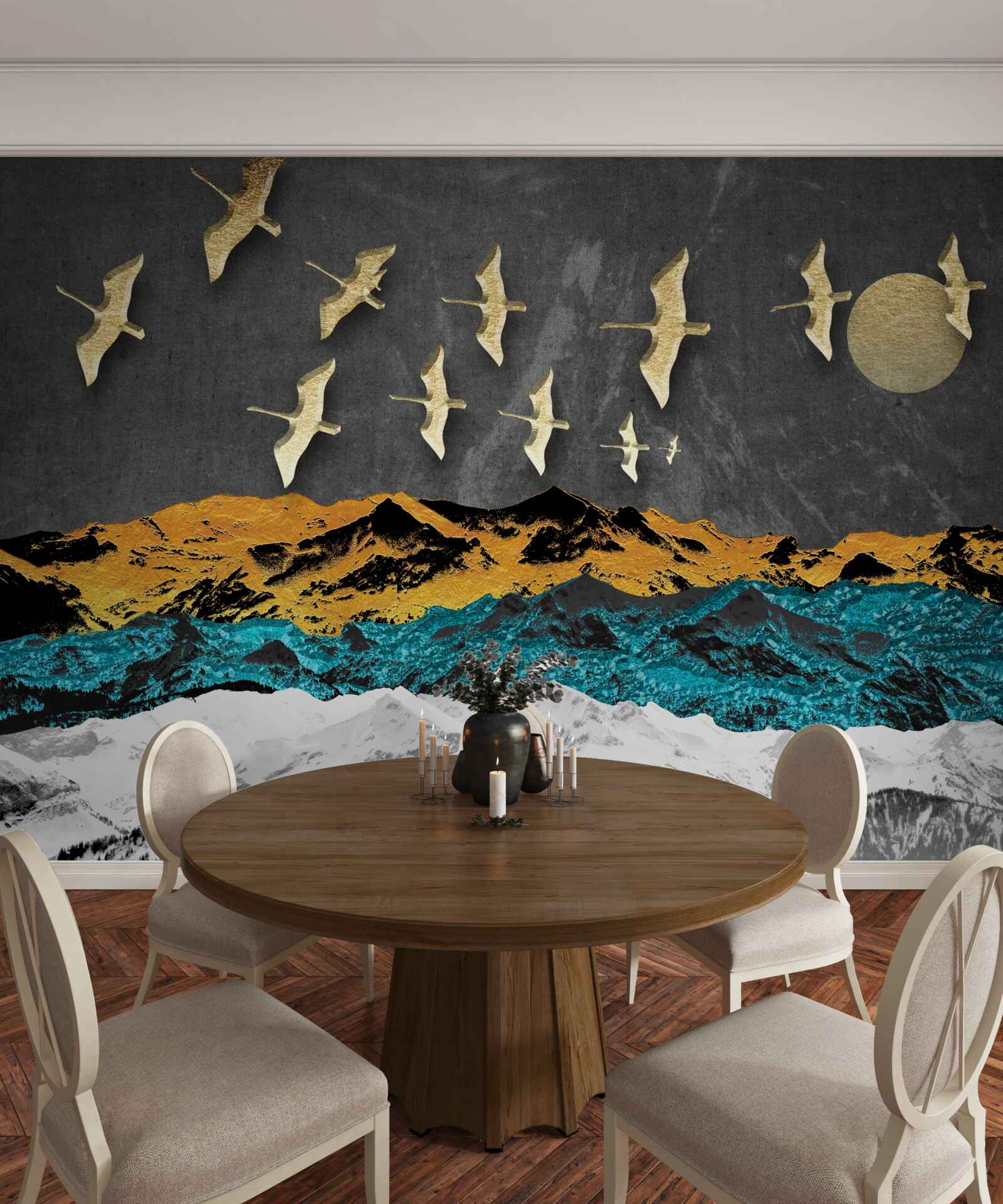 Фотошпалери група кранів ковзає над бурхливими хвилями