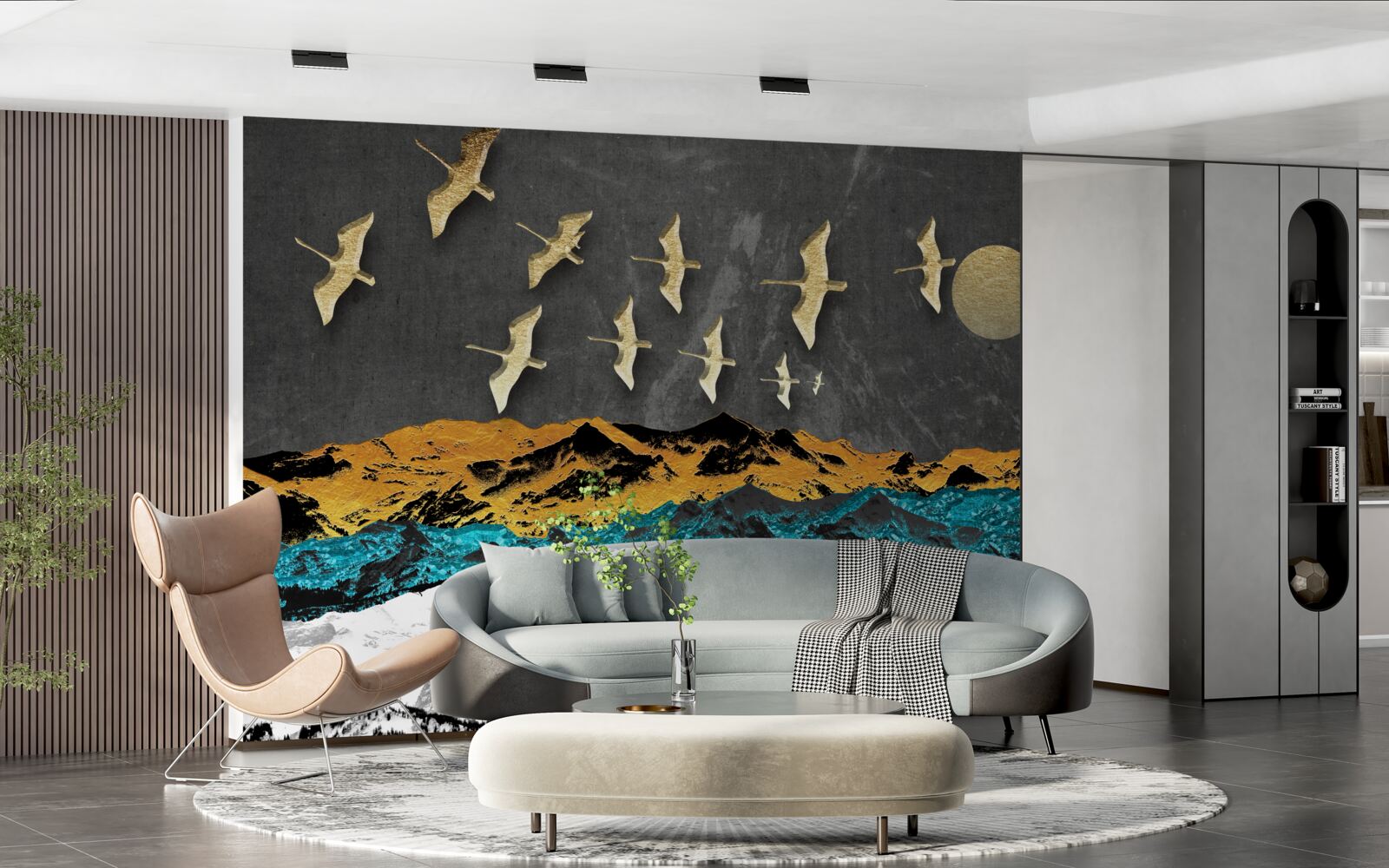 Фотошпалери група кранів ковзає над бурхливими хвилями