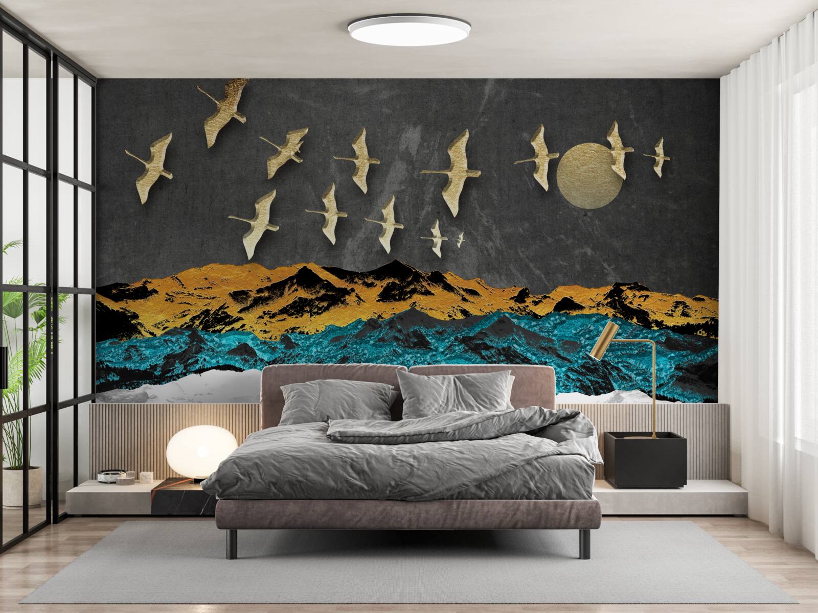 Фотошпалери група кранів ковзає над бурхливими хвилями