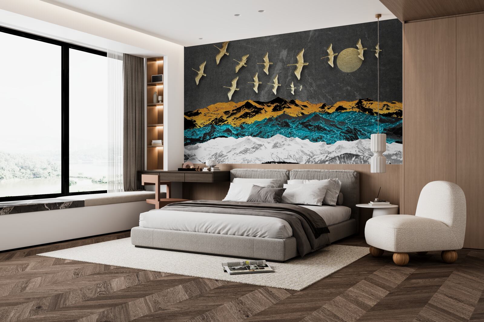 Фотошпалери група кранів ковзає над бурхливими хвилями