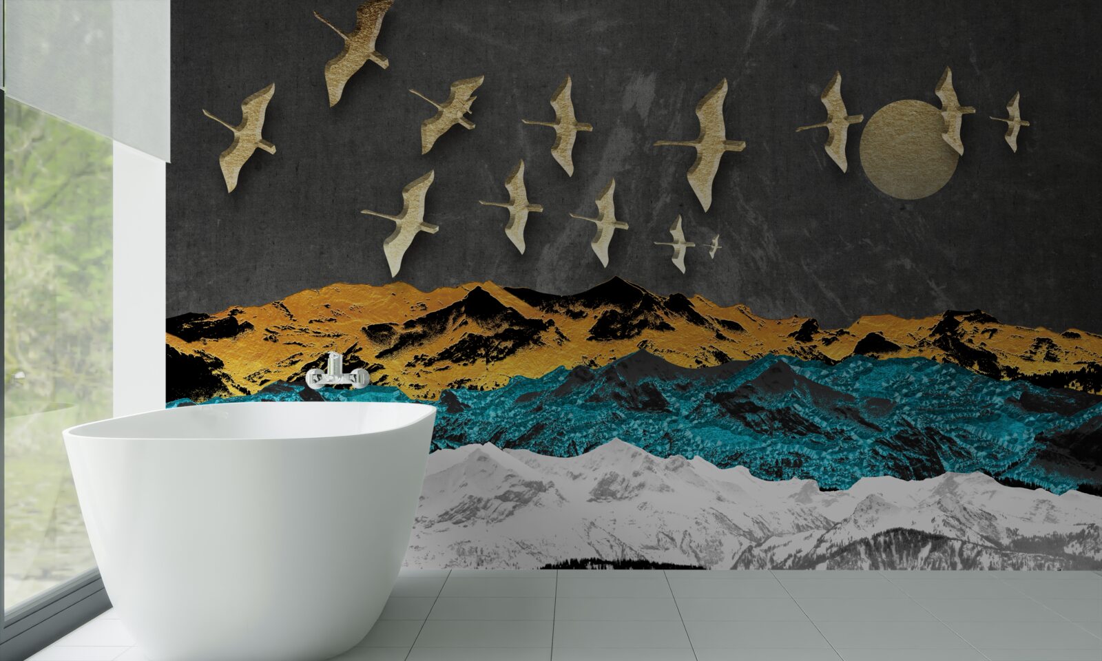 Фотошпалери група кранів ковзає над бурхливими хвилями