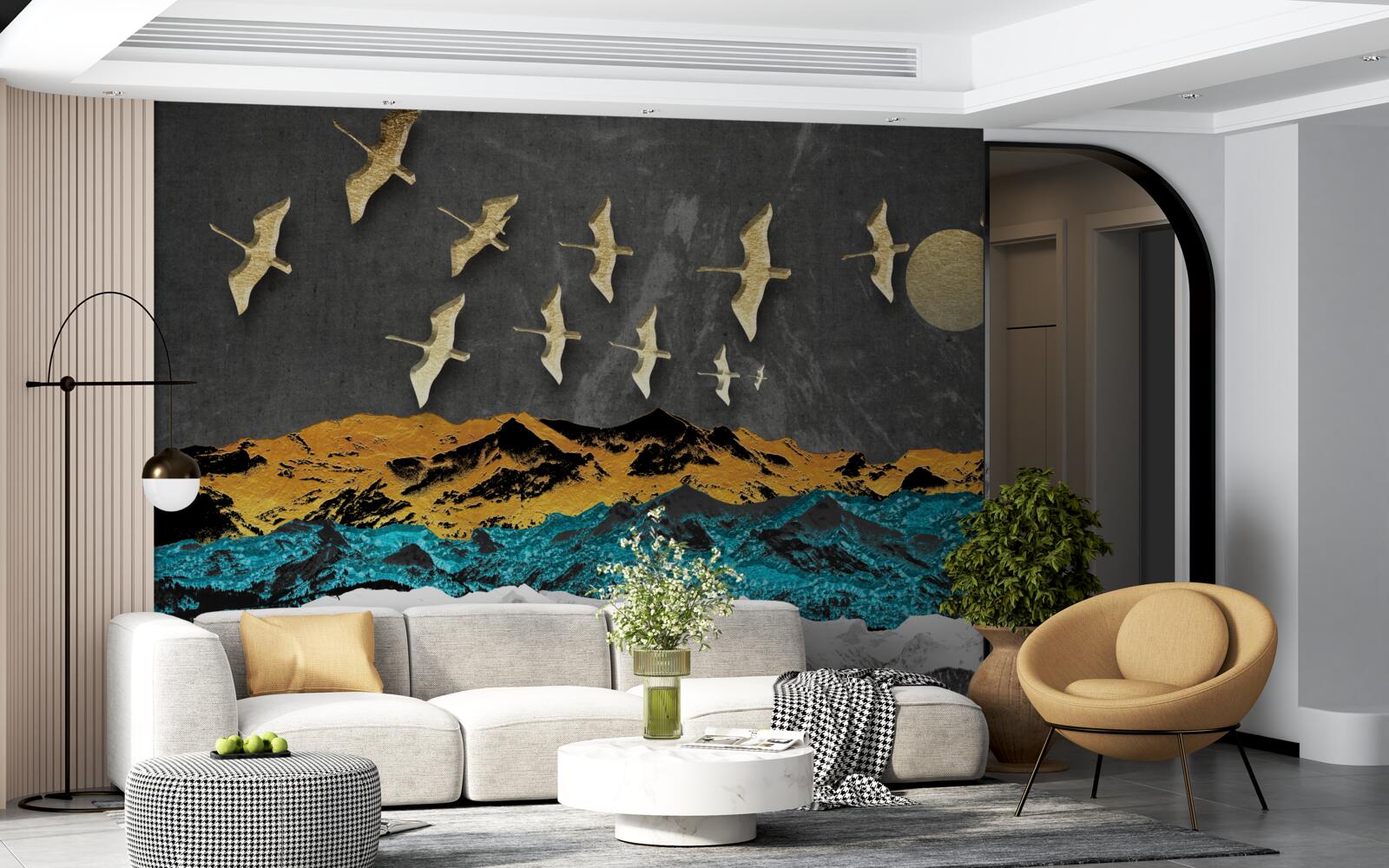 Фотошпалери група кранів ковзає над бурхливими хвилями