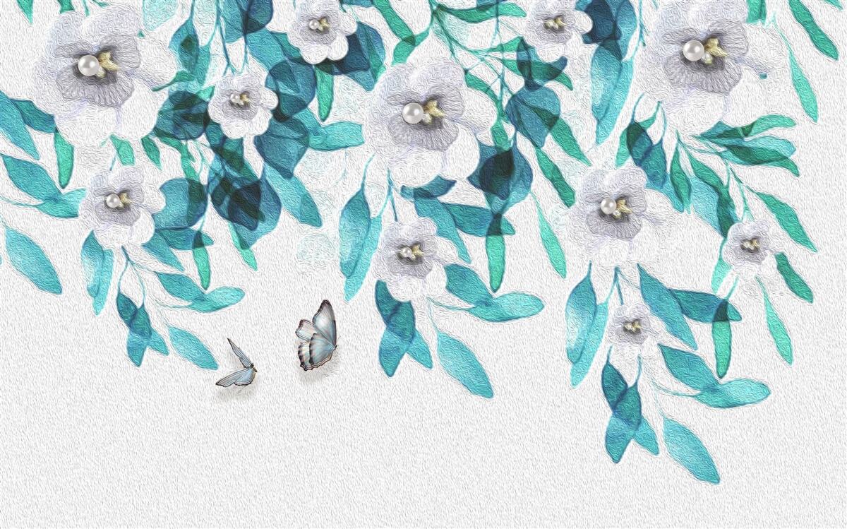 Фотошпалери ніжні білі квіти оточені метеликами