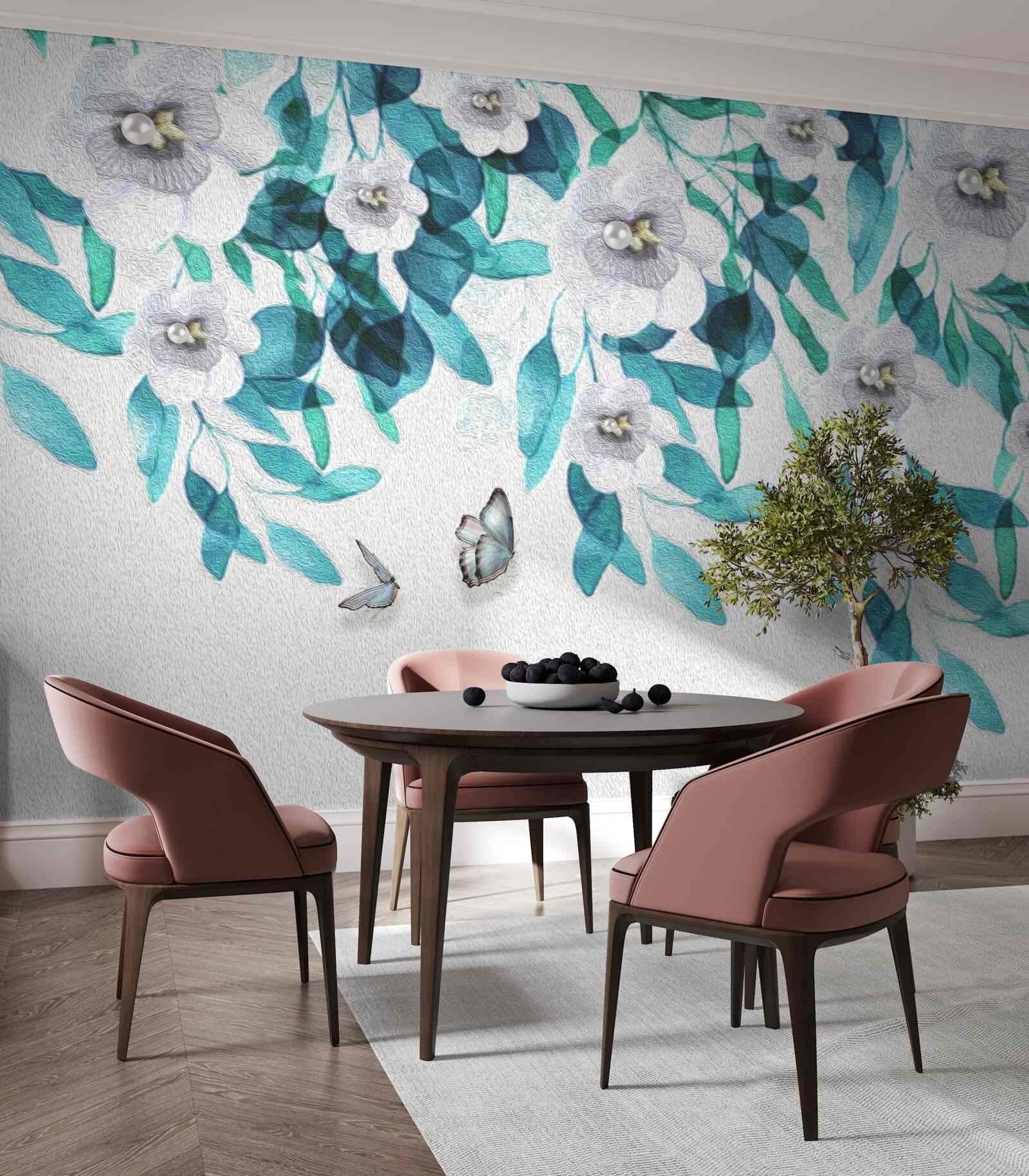 Фотошпалери ніжні білі квіти оточені метеликами