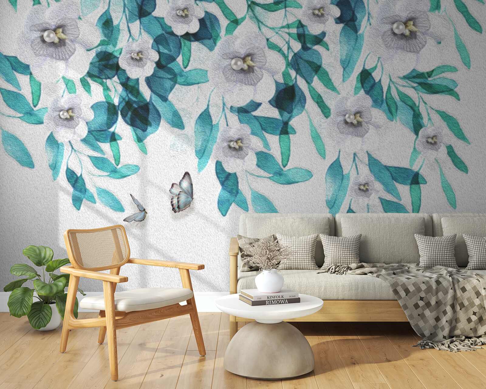 Фотошпалери ніжні білі квіти оточені метеликами