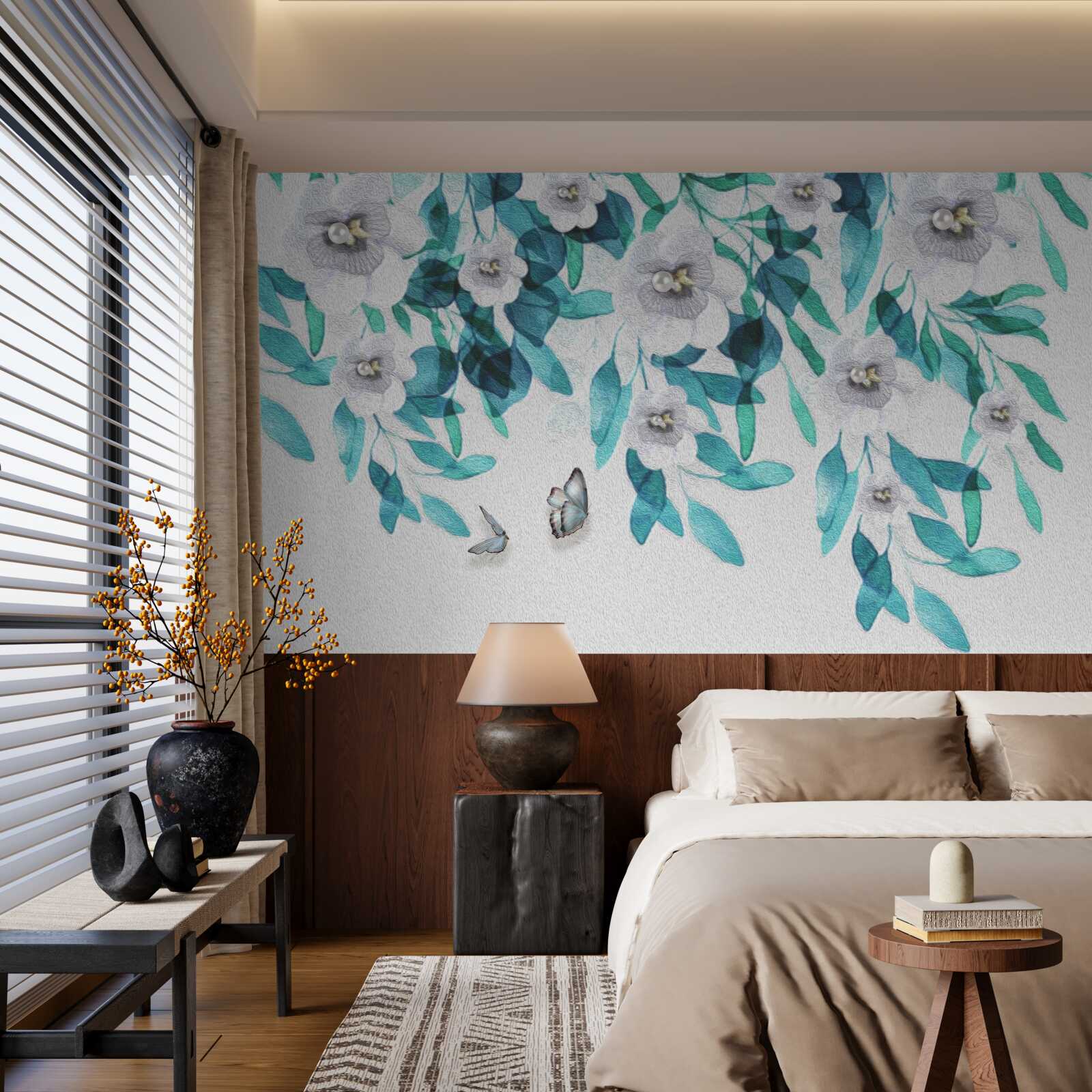 Фотошпалери ніжні білі квіти оточені метеликами