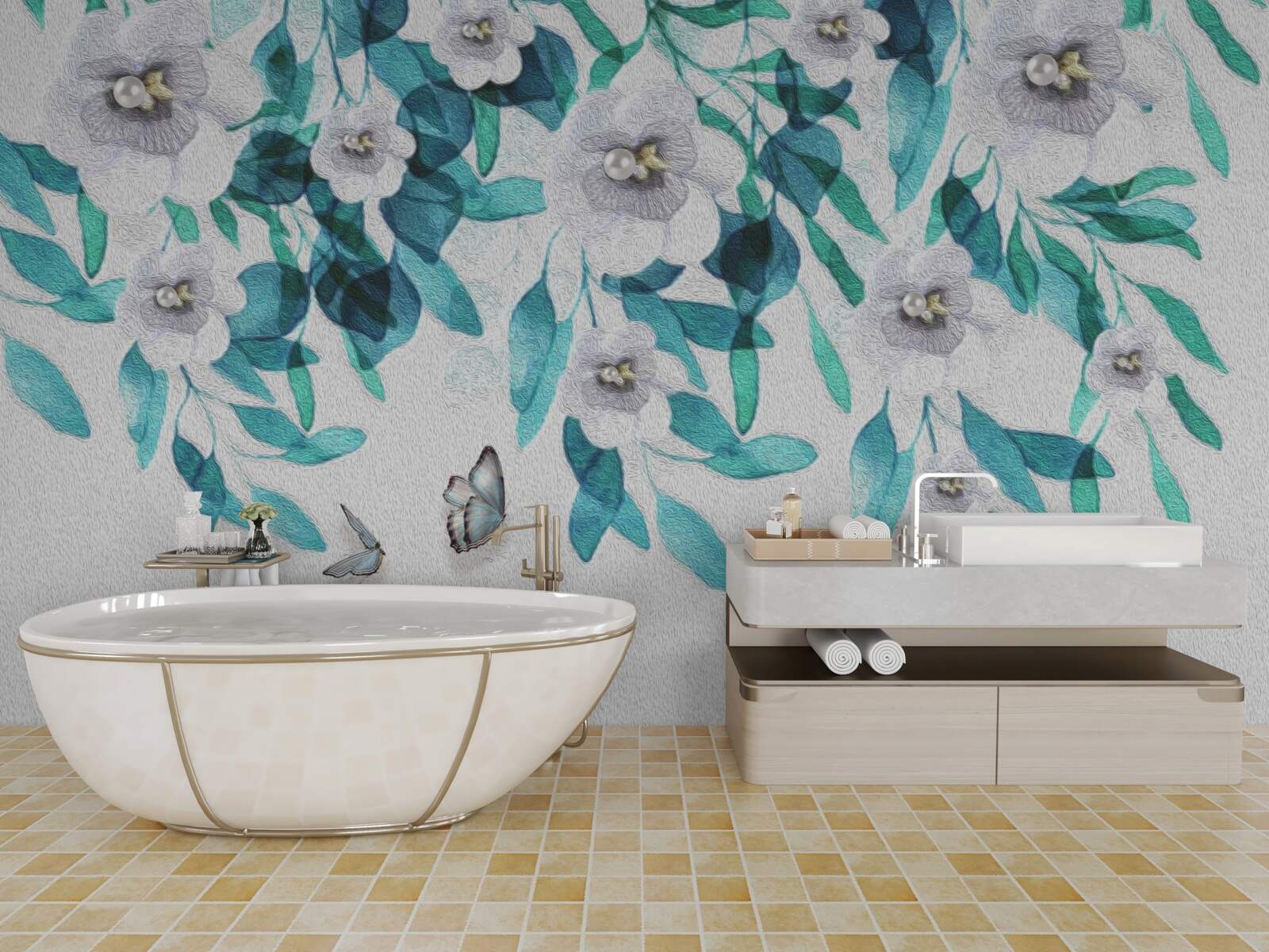 Фотошпалери ніжні білі квіти оточені метеликами