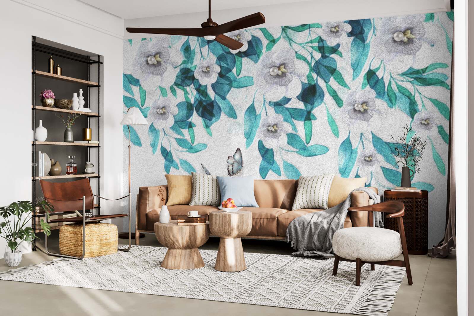 Фотошпалери ніжні білі квіти оточені метеликами