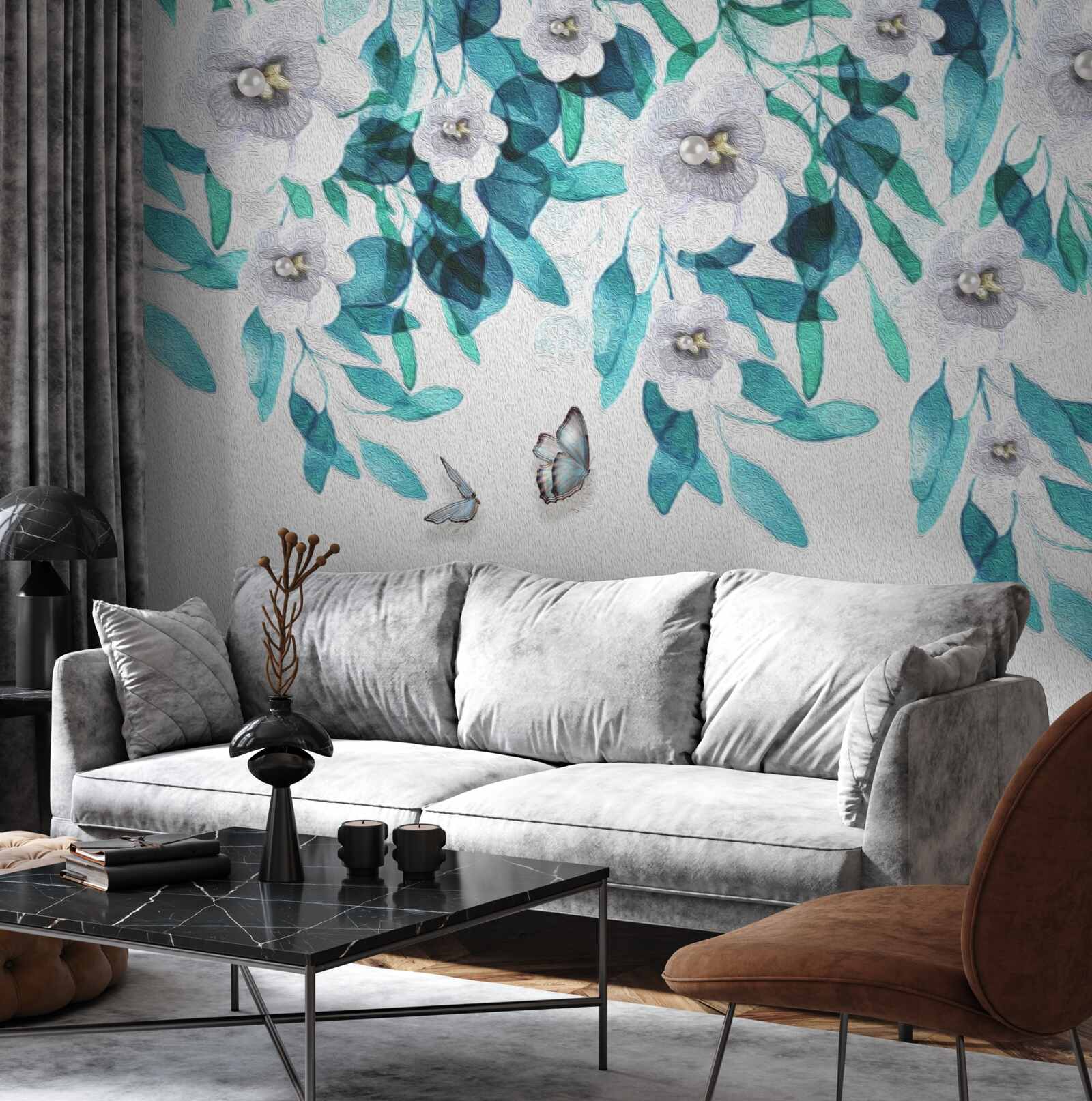 Фотошпалери ніжні білі квіти оточені метеликами