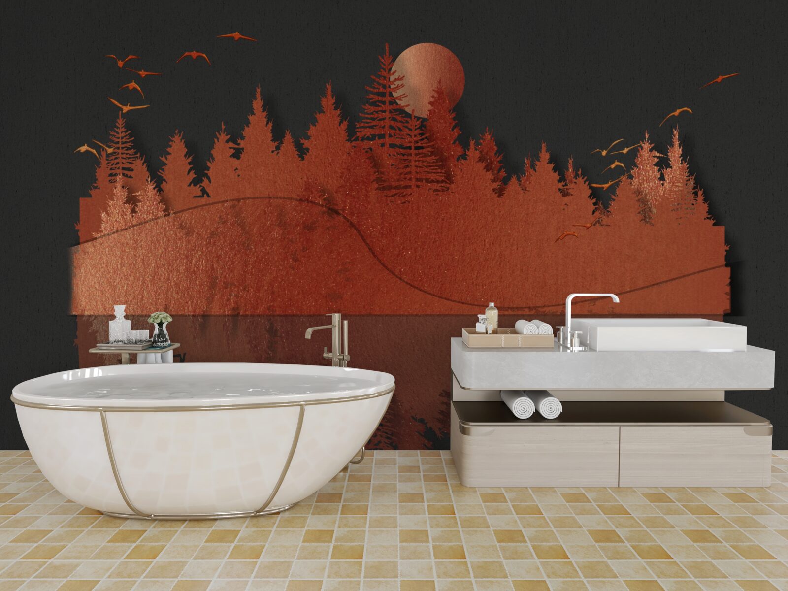 Фотошпалери дзеркало води відображає рудий ліс