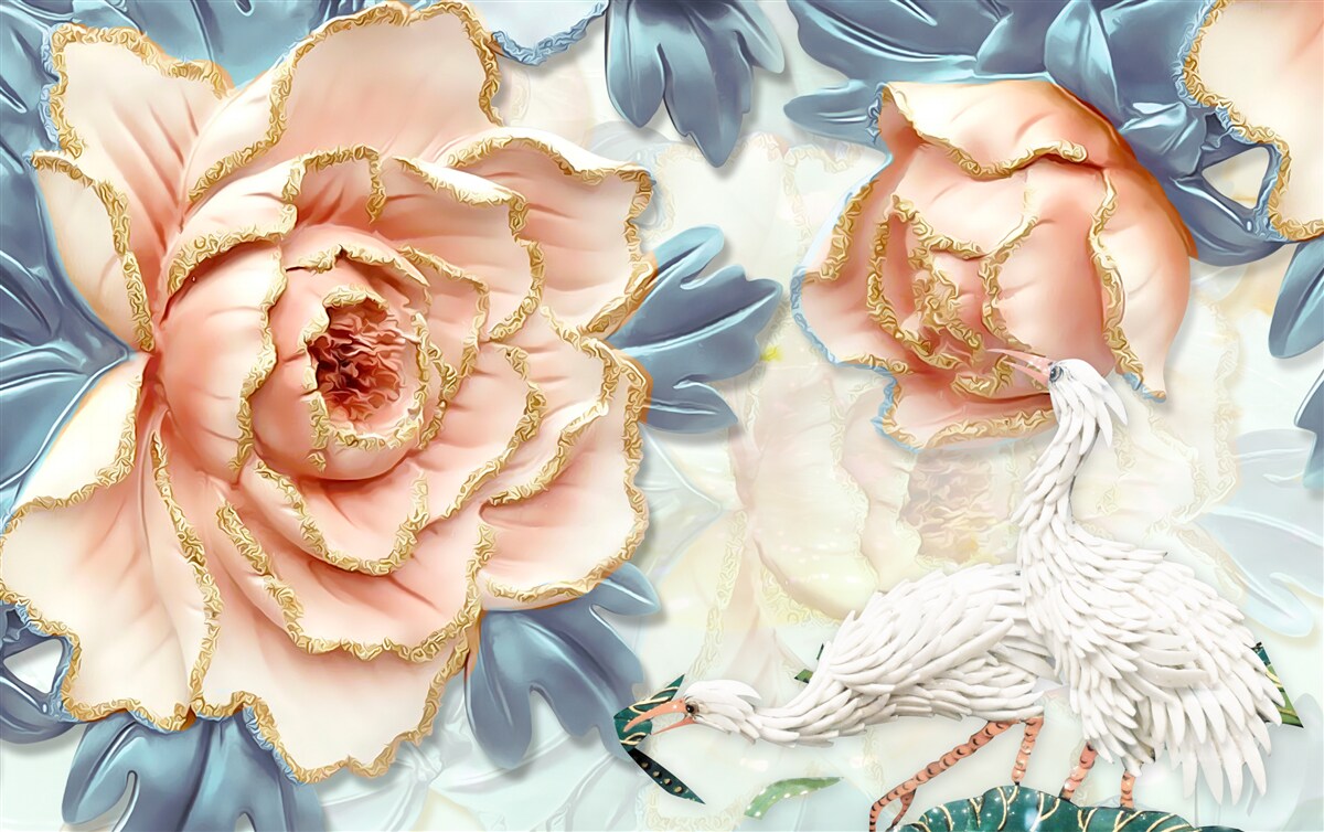 Фотошпалери персикові троянди та білі лебеді