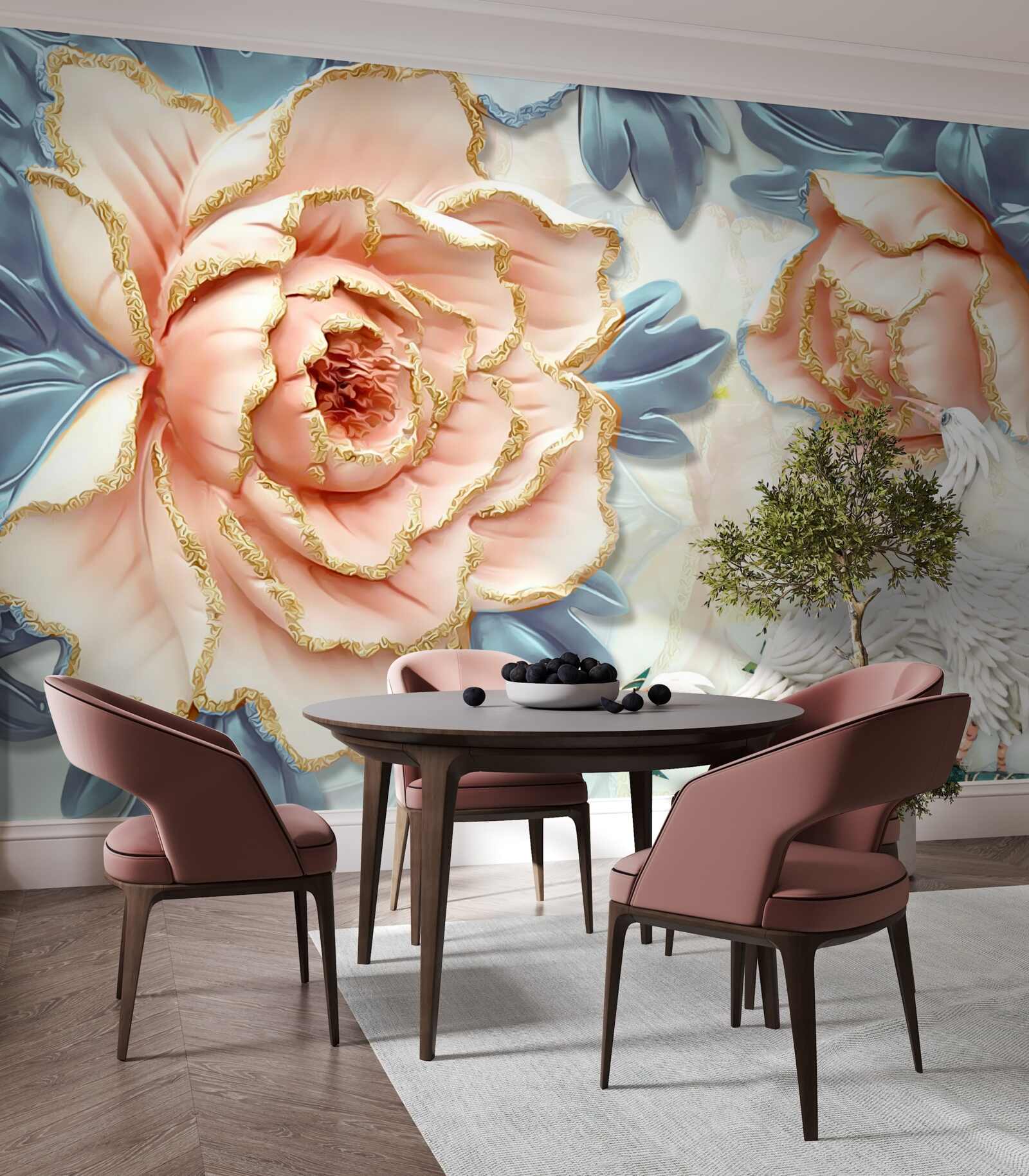 Фотошпалери персикові троянди та білі лебеді