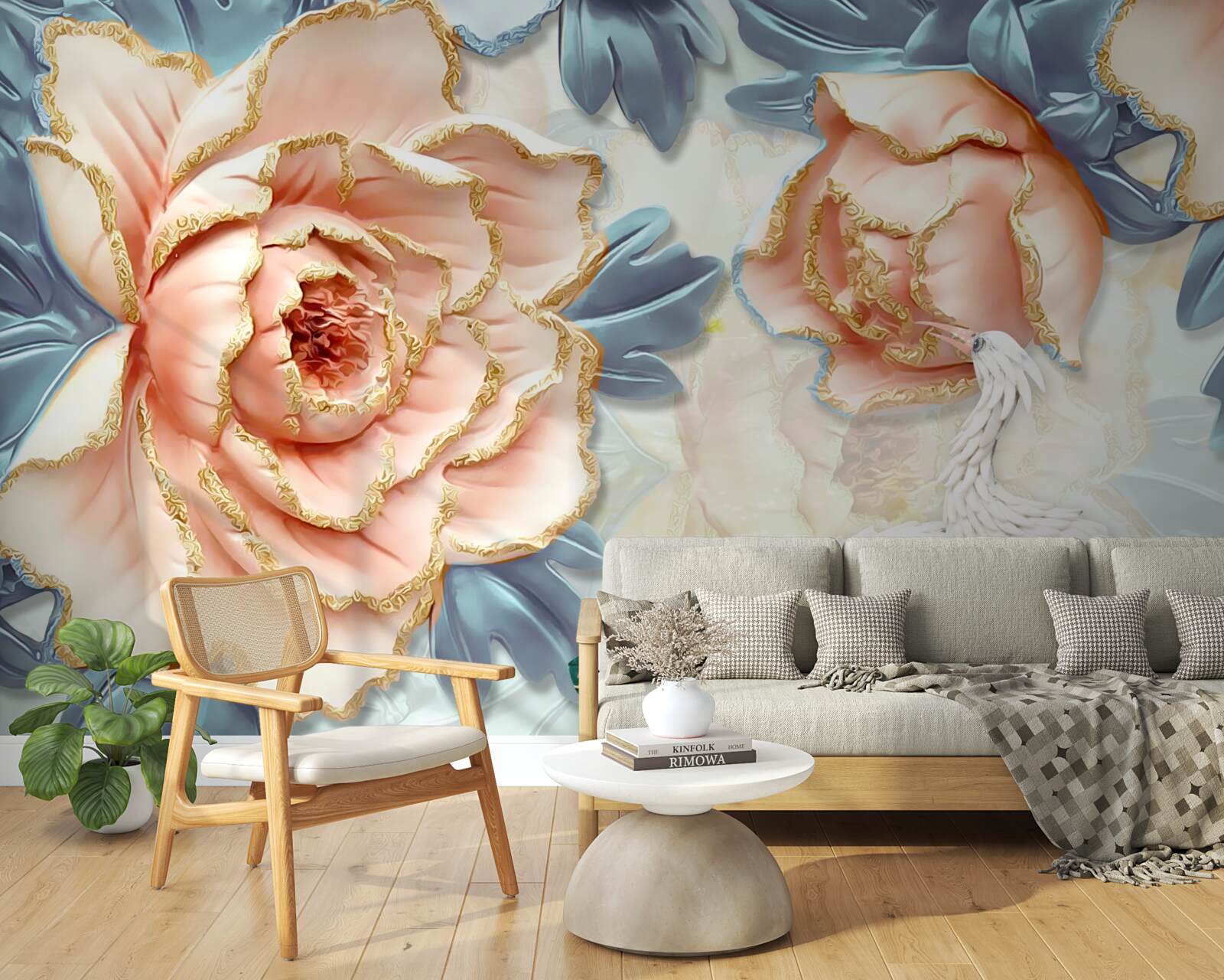 Фотошпалери персикові троянди та білі лебеді