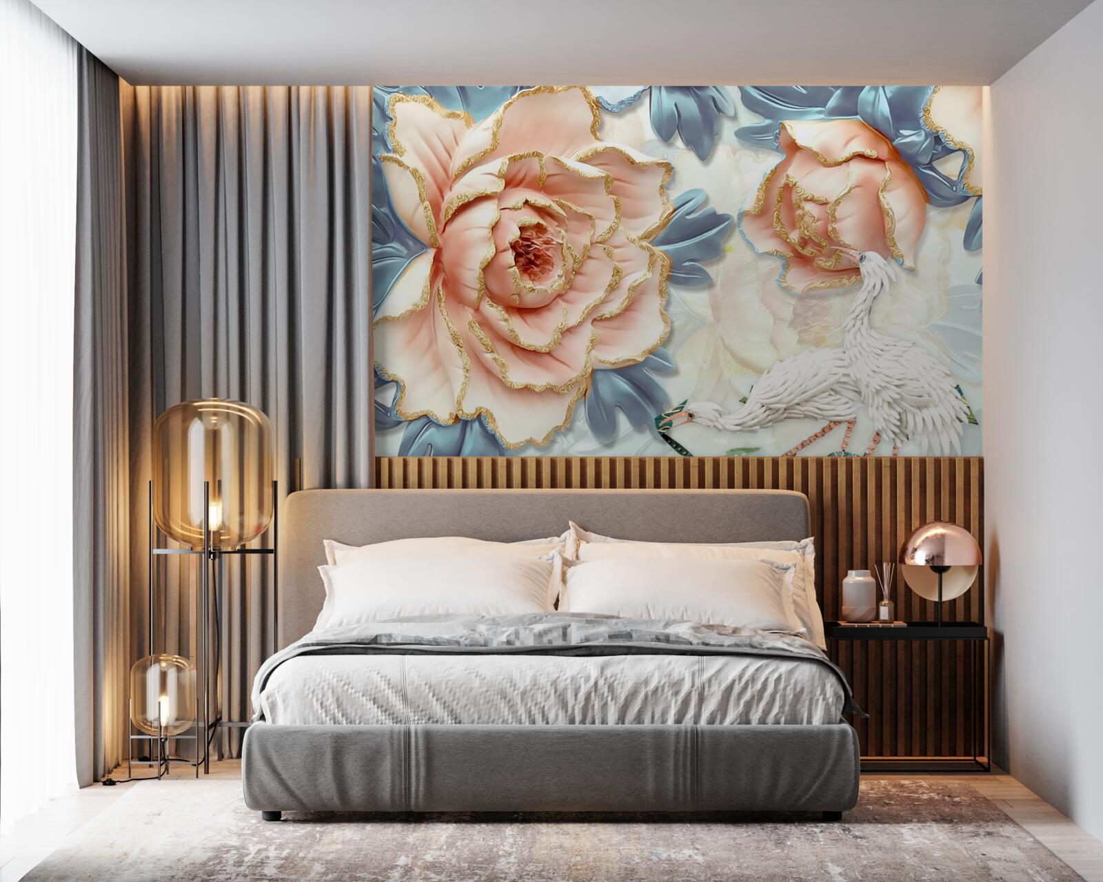 Фотошпалери персикові троянди та білі лебеді