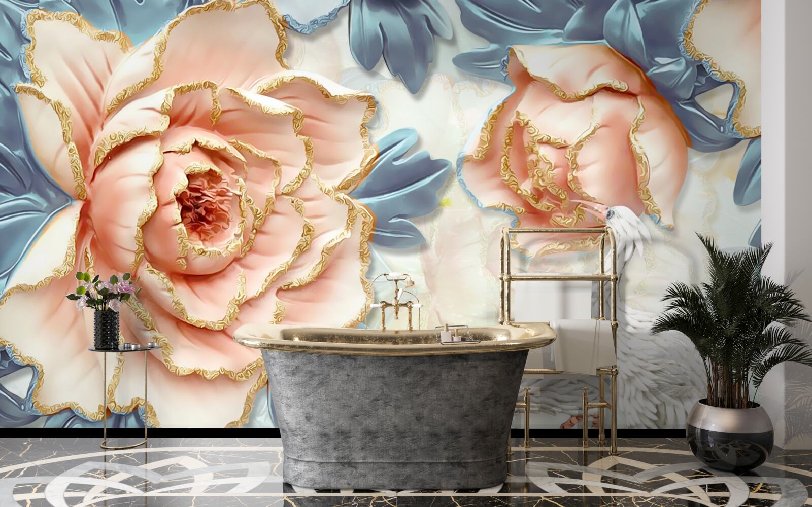 Фотошпалери персикові троянди та білі лебеді