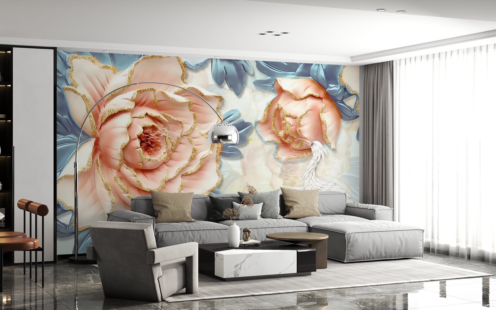 Фотошпалери персикові троянди та білі лебеді