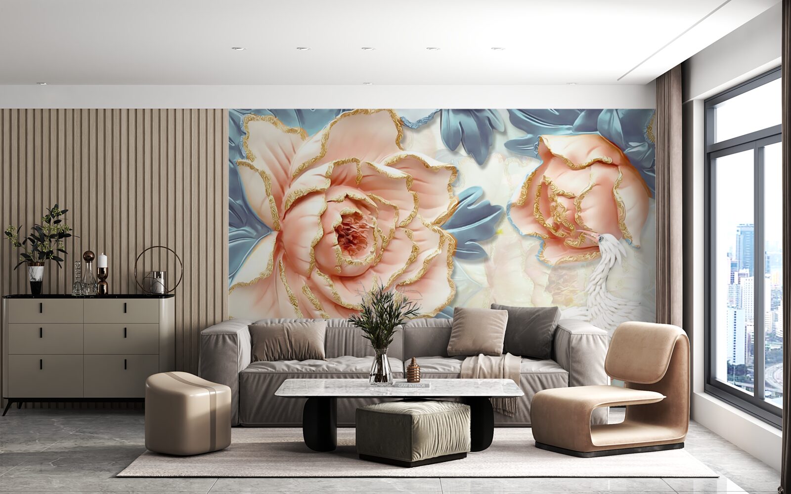 Фотошпалери персикові троянди та білі лебеді