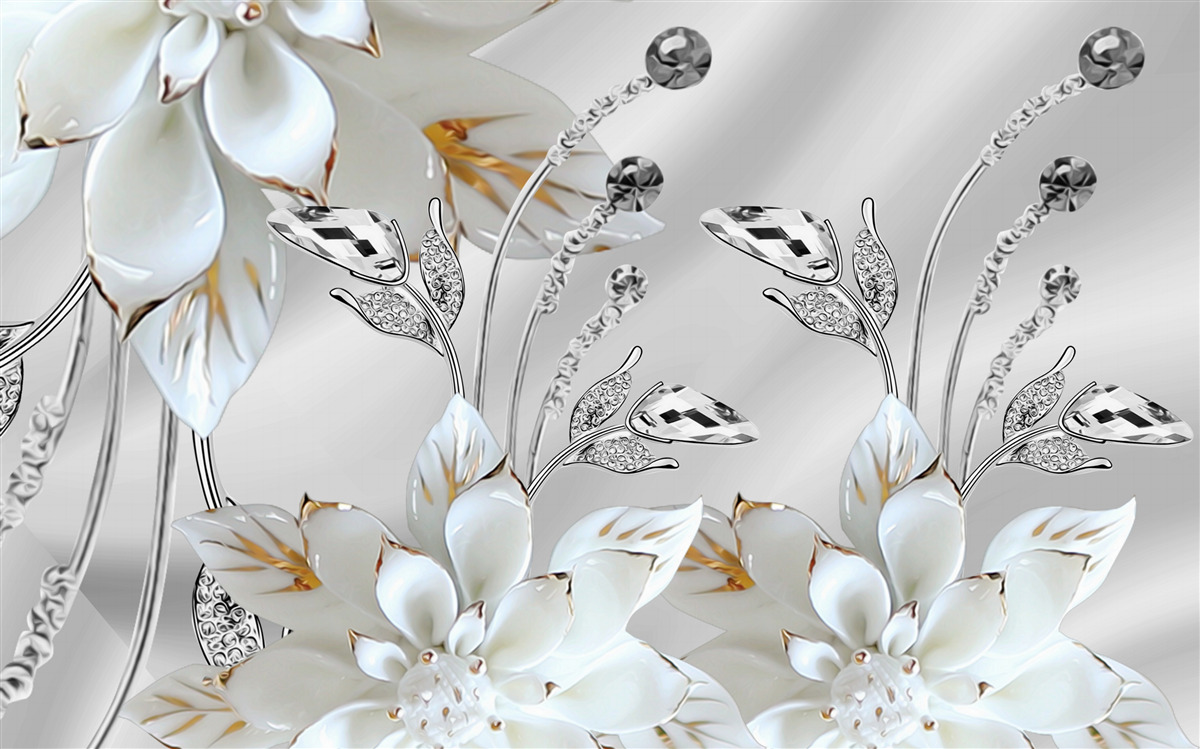 Фотошпалери білі та золоті квіти на шовковій тканині