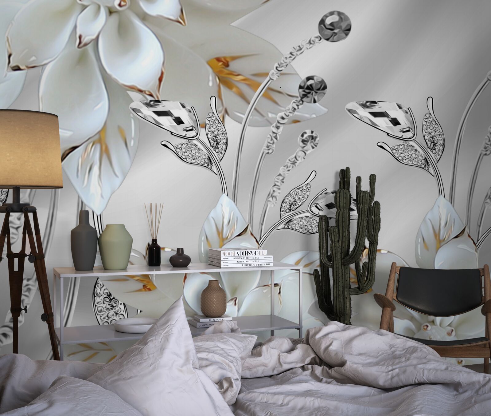 Фотошпалери білі та золоті квіти на шовковій тканині