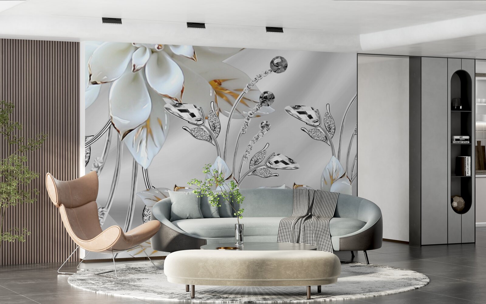 Фотошпалери білі та золоті квіти на шовковій тканині