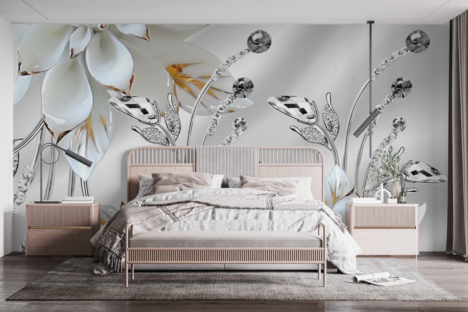 Фотошпалери білі та золоті квіти на шовковій тканині