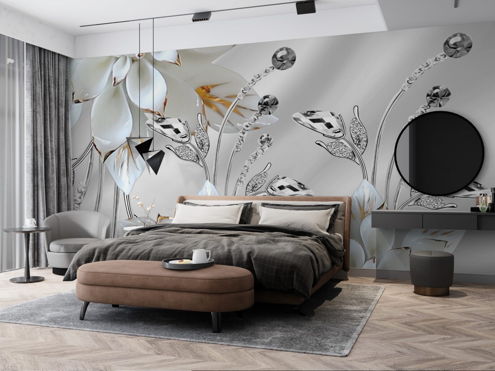 Фотошпалери білі та золоті квіти на шовковій тканині