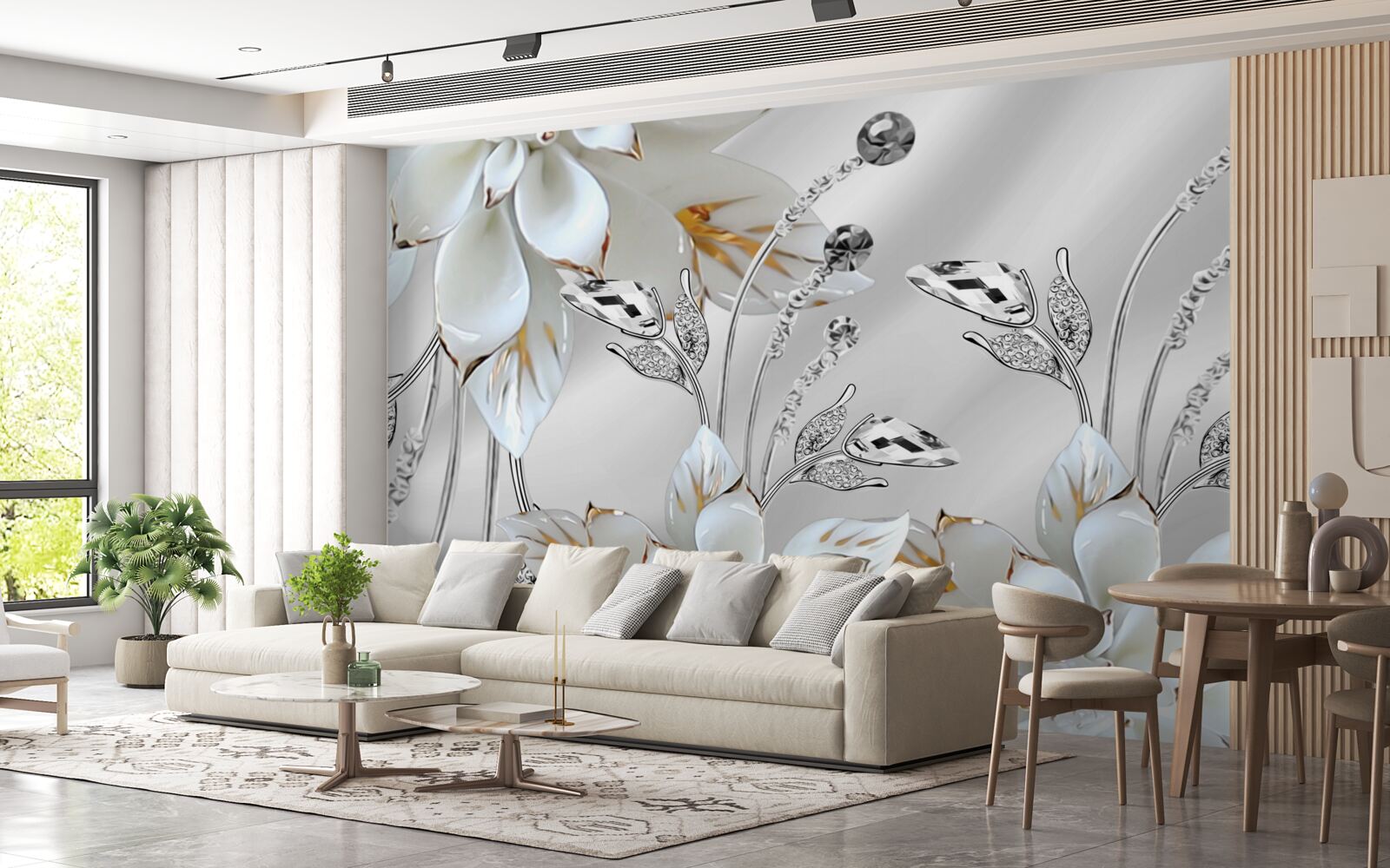 Фотошпалери білі та золоті квіти на шовковій тканині