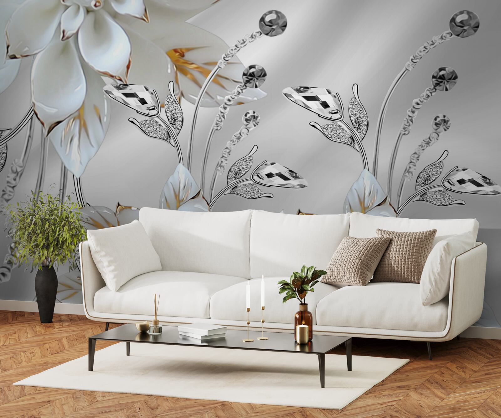 Фотошпалери білі та золоті квіти на шовковій тканині