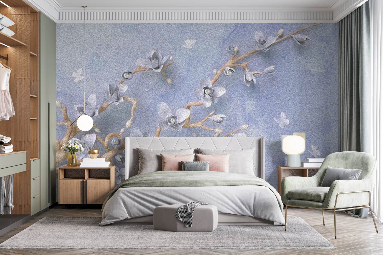 Фотошпалери гілка з білими квітами