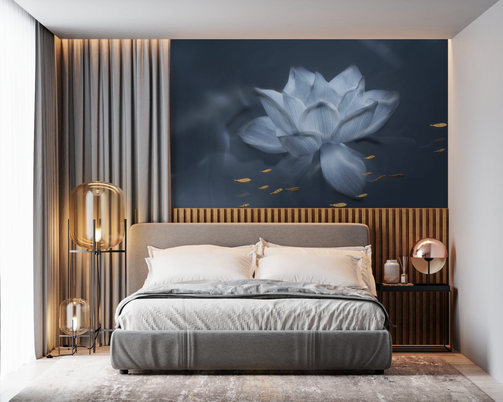 Фотошпалери золота рибка та білий лотос