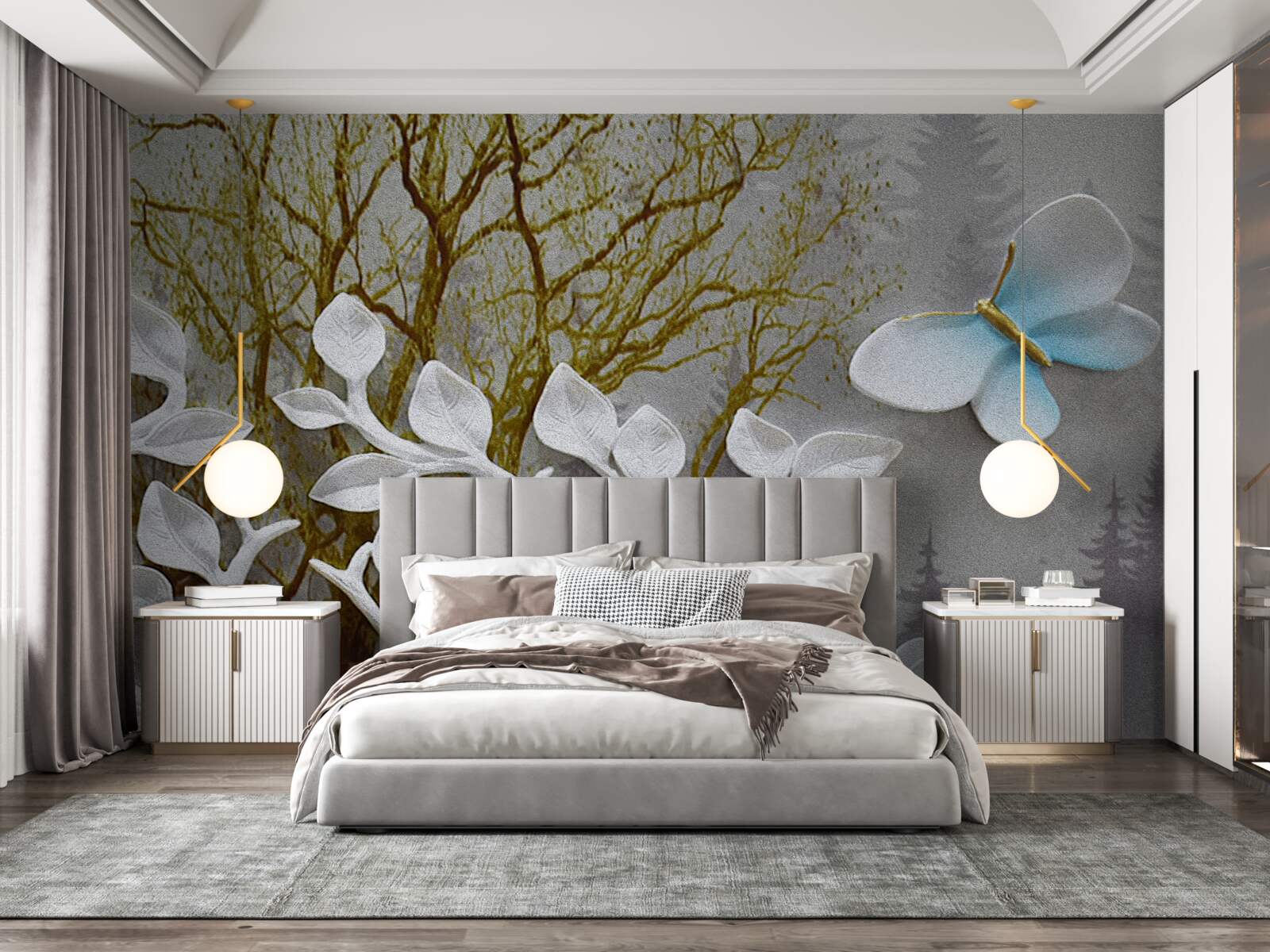 Фотошпалери метелик сидить на білій гілці в лісі