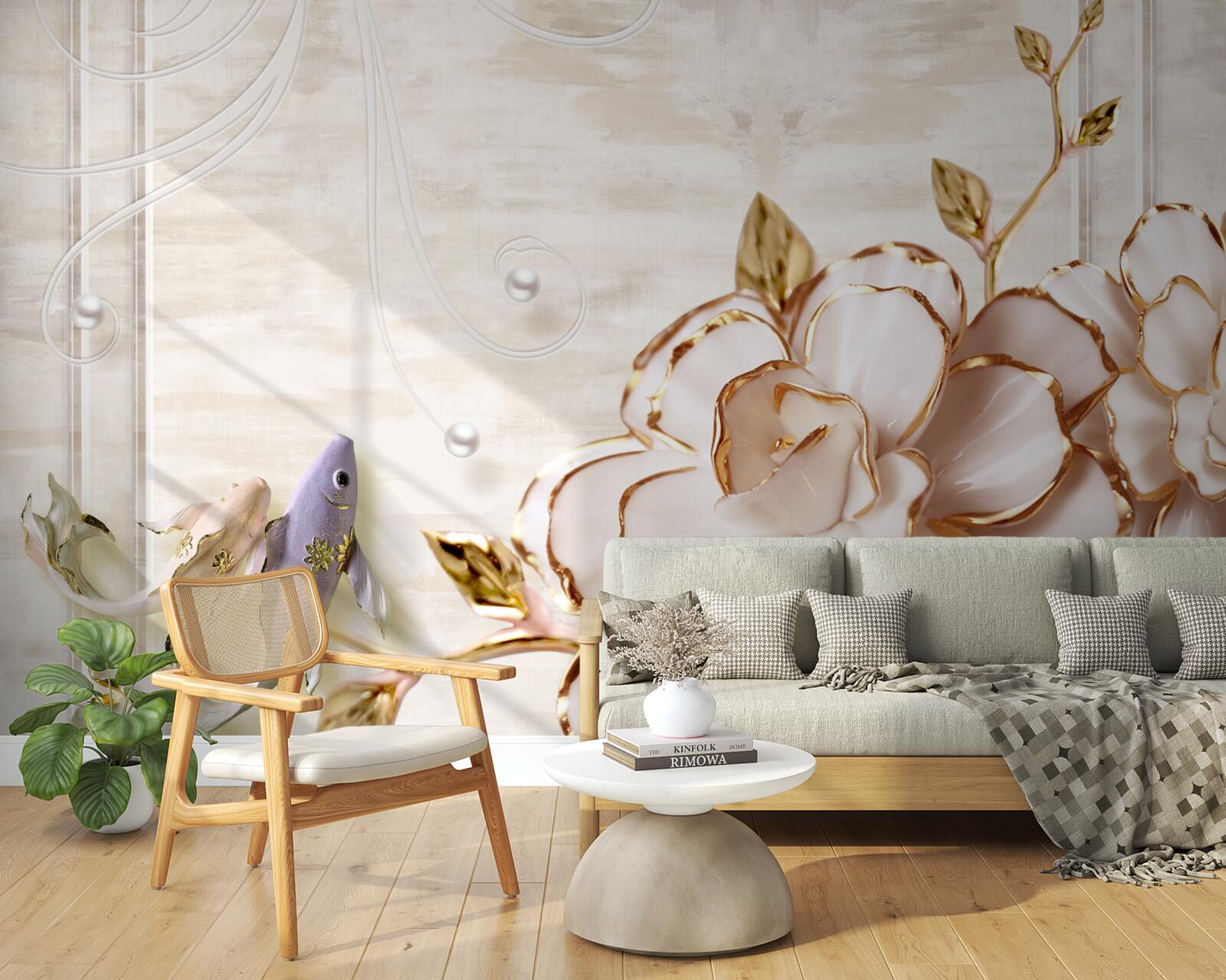 Фотошпалери метелики та квіти з порцеляни