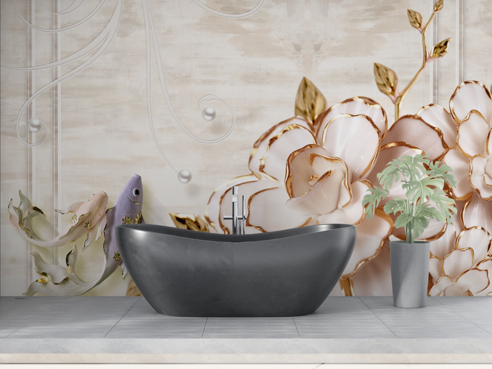 Фотошпалери метелики та квіти з порцеляни