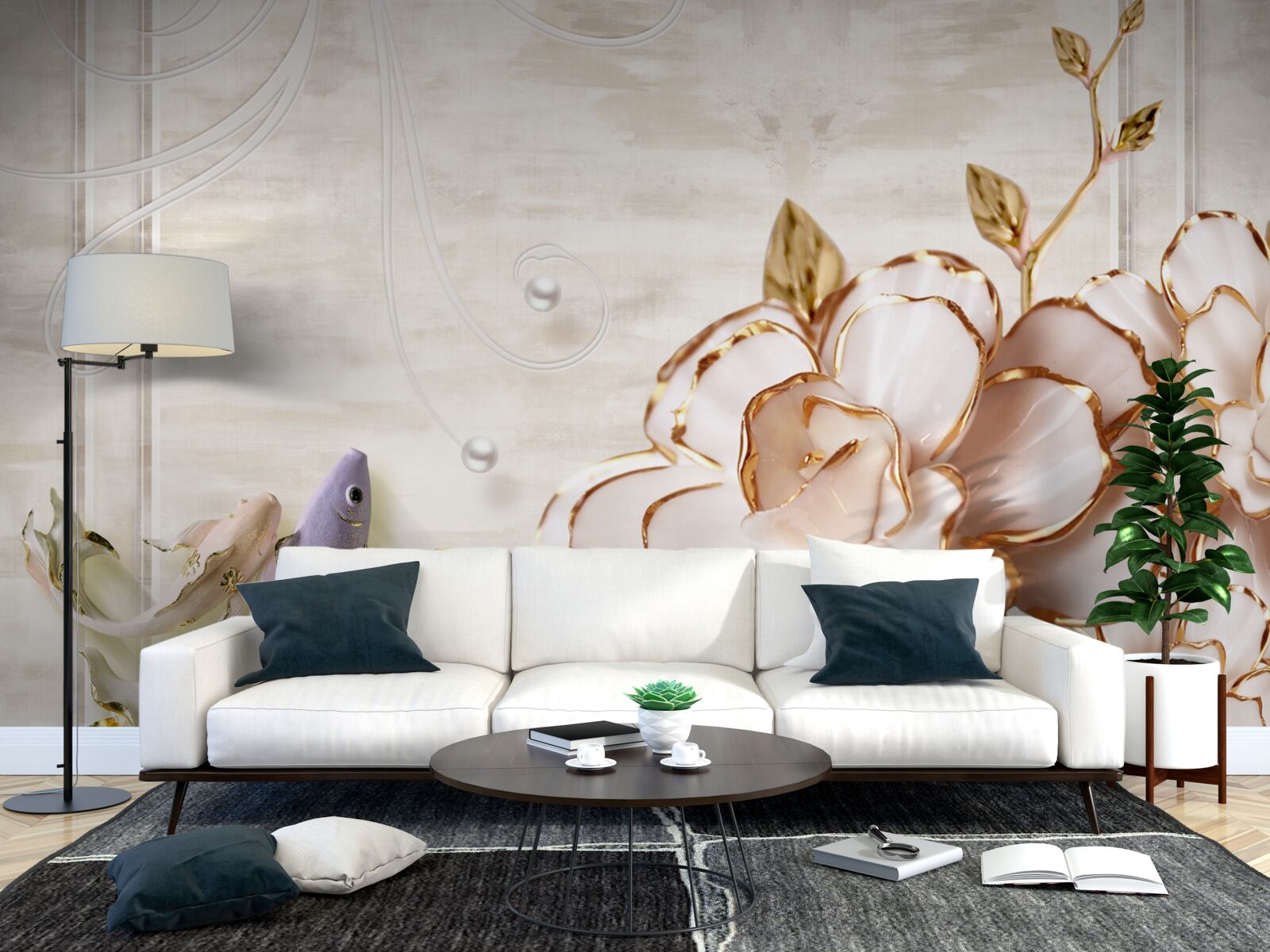 Фотошпалери метелики та квіти з порцеляни