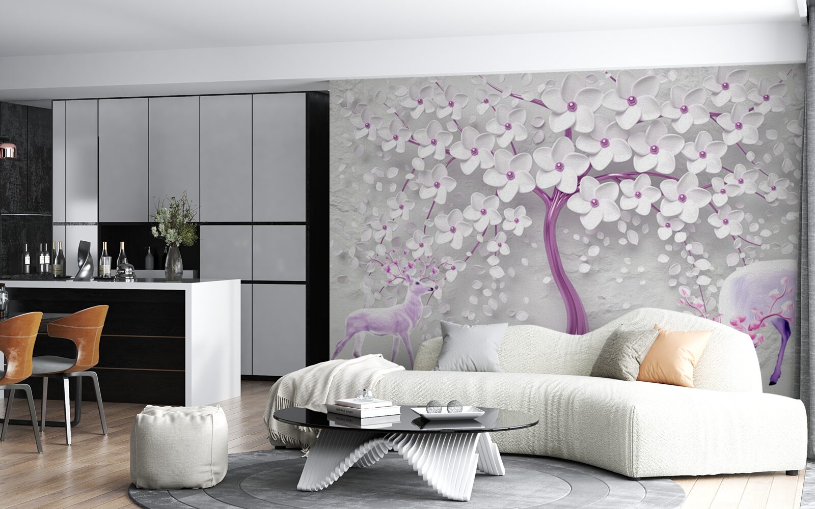 Фотошпалери дерево з білосніжними квітами та оленями