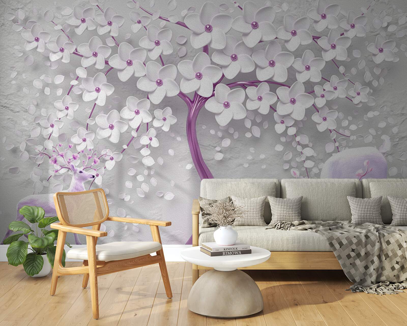 Фотошпалери дерево з білосніжними квітами та оленями