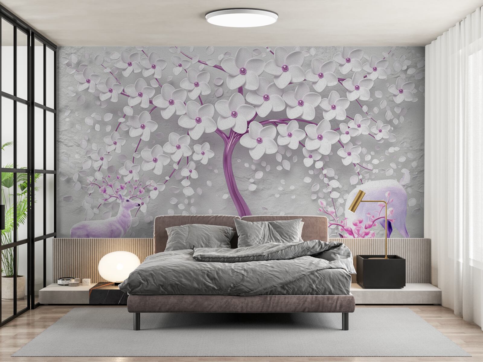 Фотошпалери дерево з білосніжними квітами та оленями