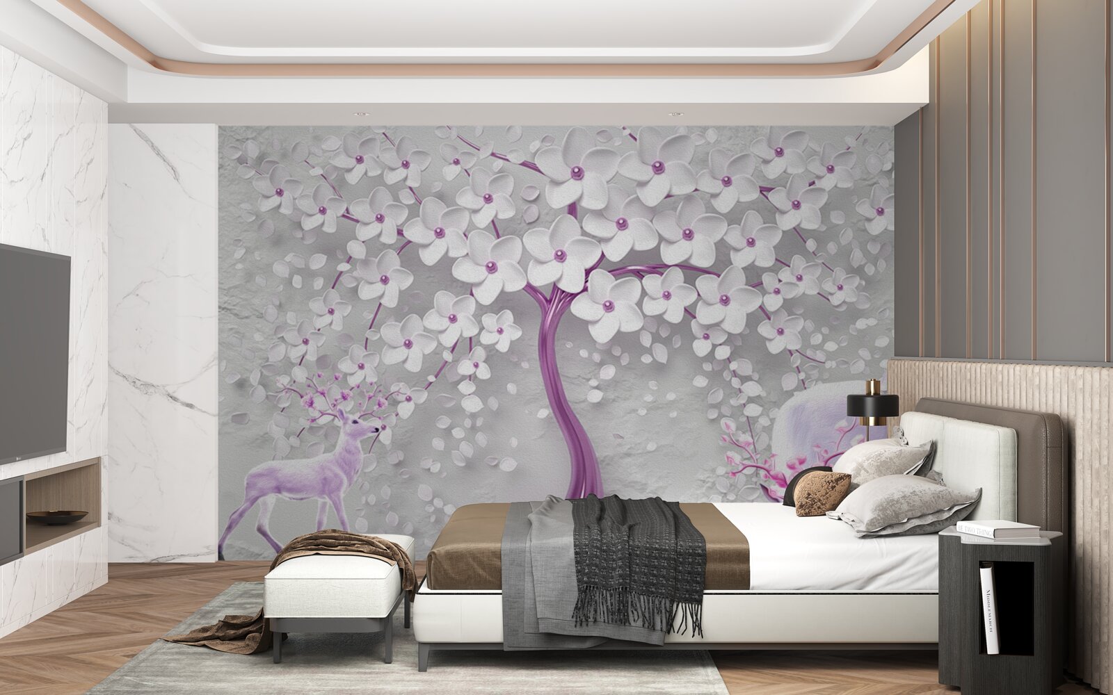 Фотошпалери дерево з білосніжними квітами та оленями