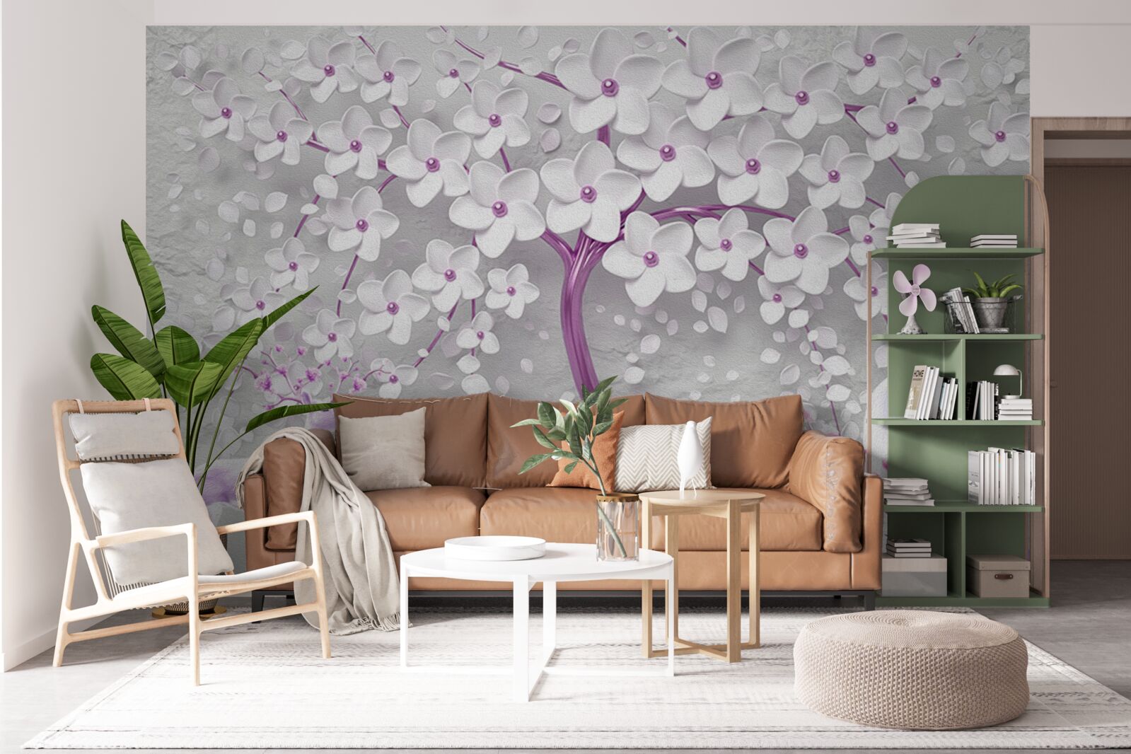 Фотошпалери дерево з білосніжними квітами та оленями