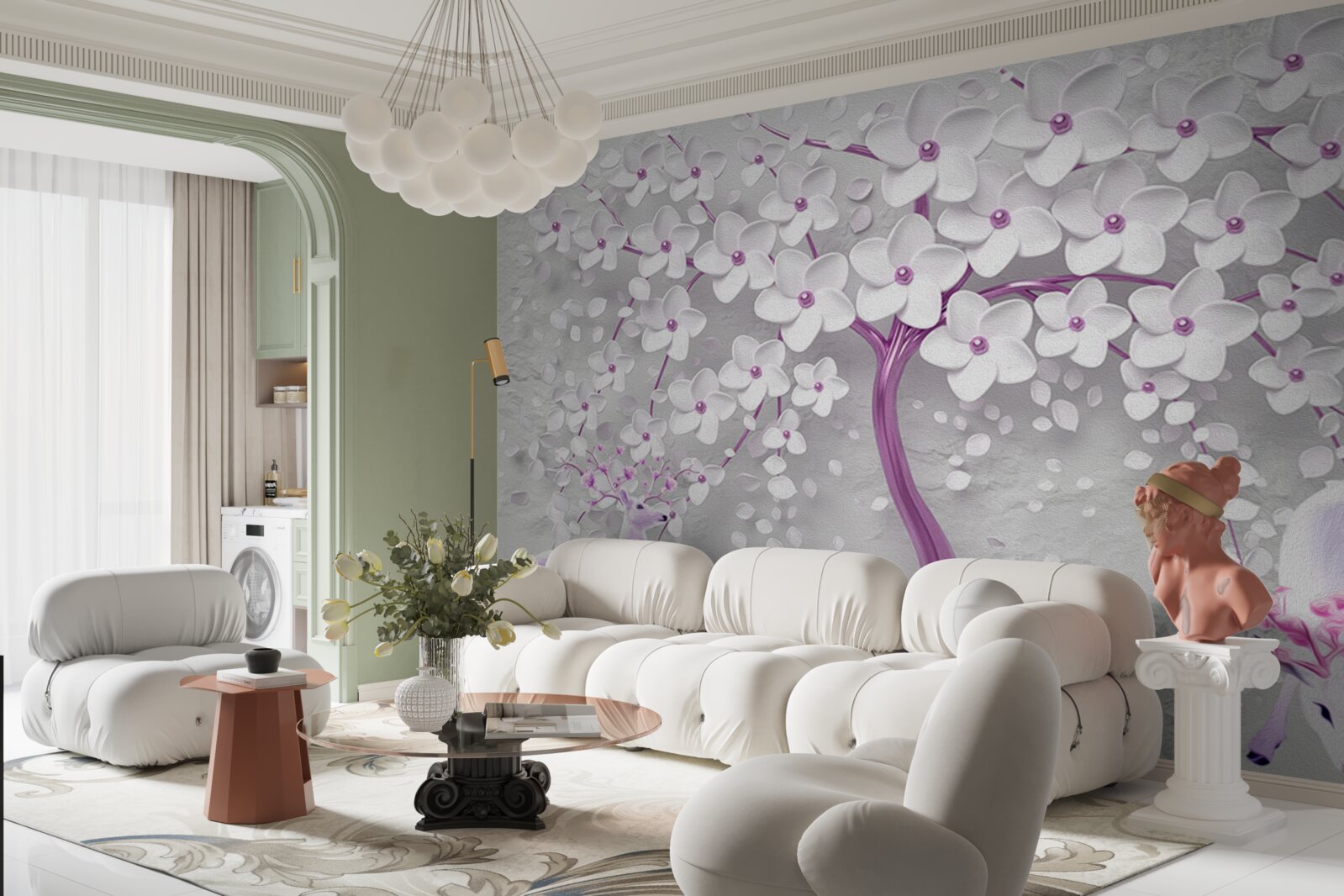 Фотошпалери дерево з білосніжними квітами та оленями