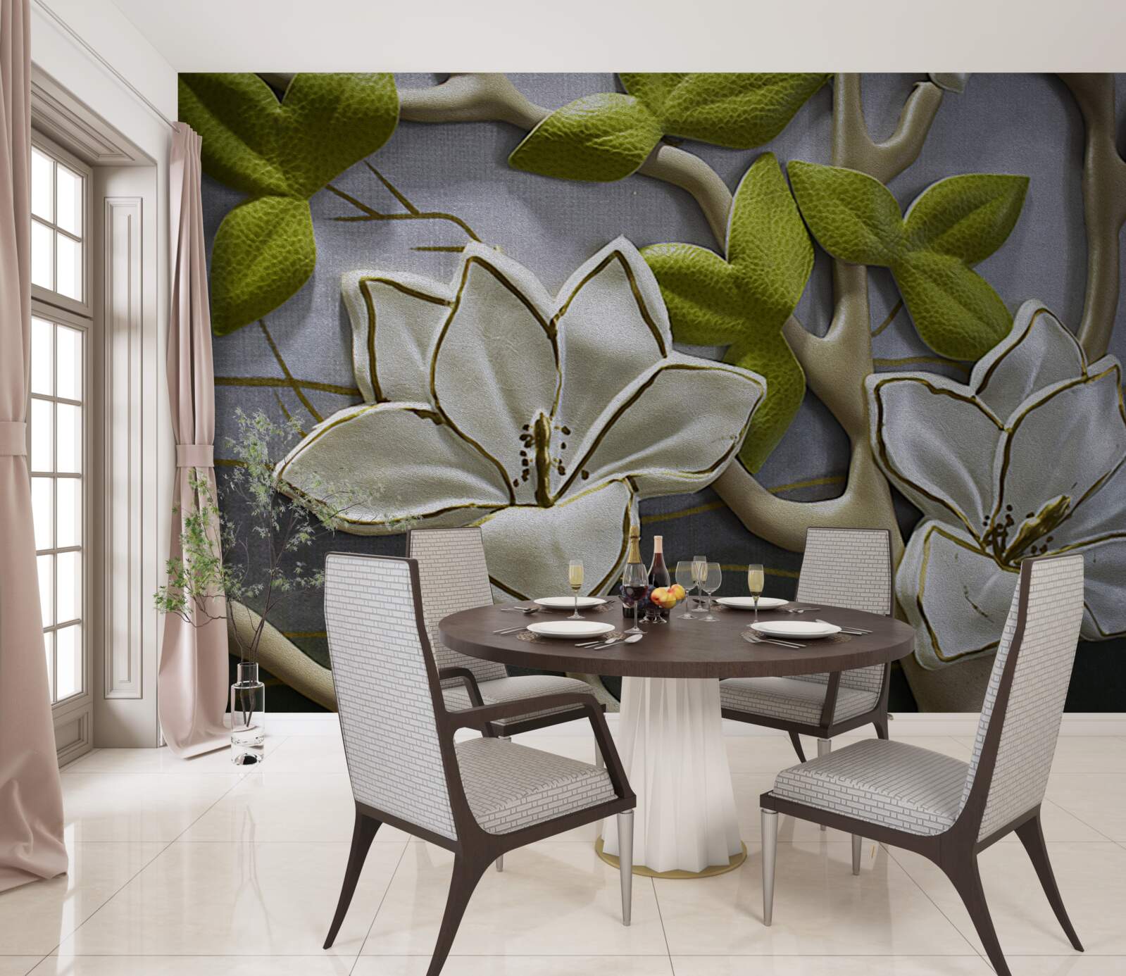 Фотошпалери магнолія з порцеляновими квітами на зелених гілках