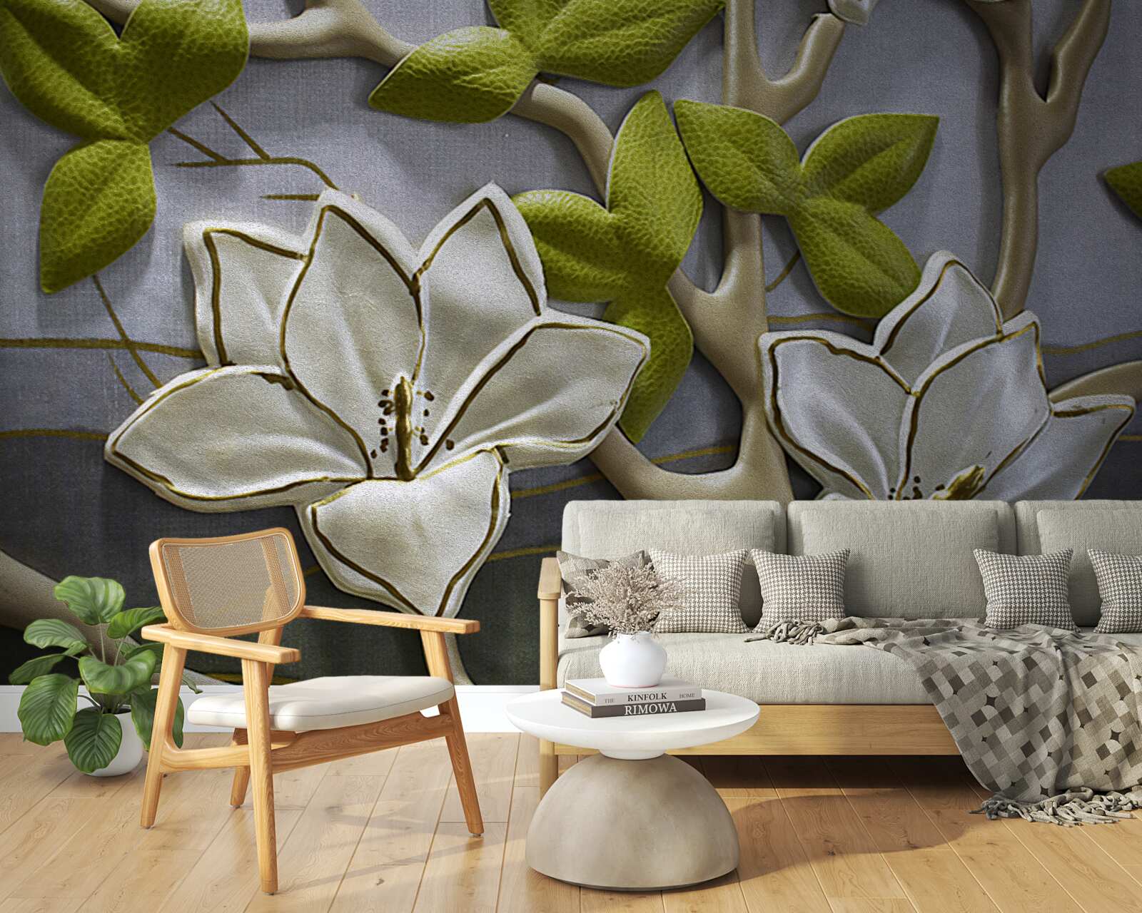 Фотошпалери магнолія з порцеляновими квітами на зелених гілках