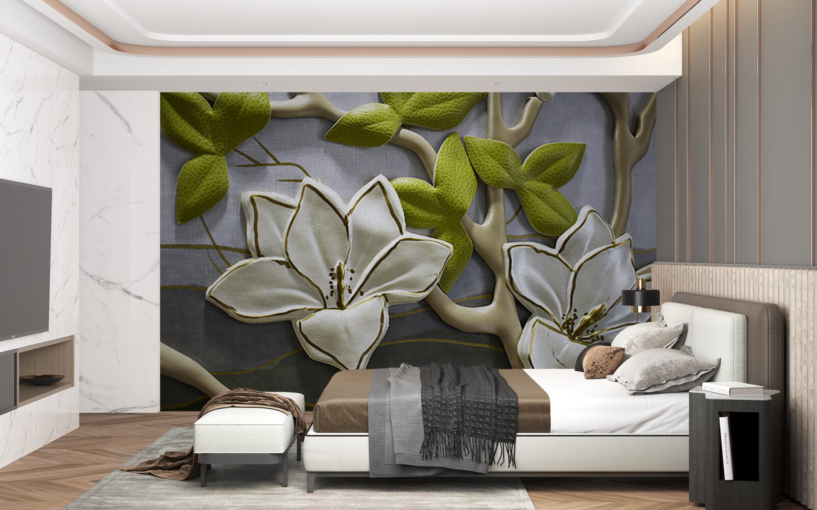 Фотошпалери магнолія з порцеляновими квітами на зелених гілках