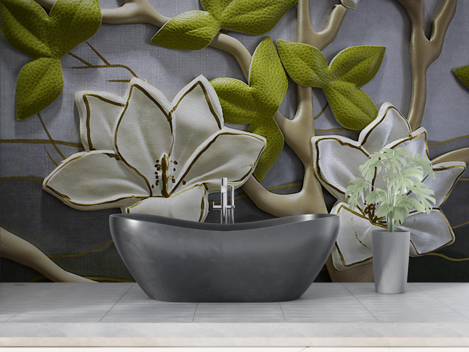 Фотошпалери магнолія з порцеляновими квітами на зелених гілках