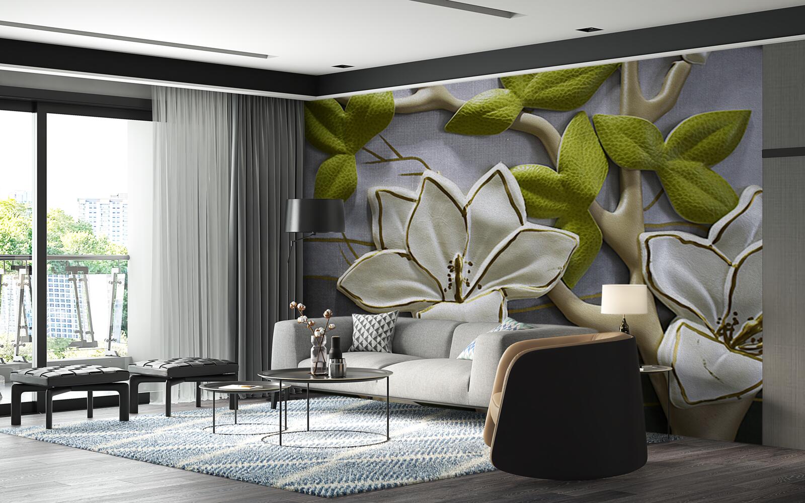 Фотошпалери магнолія з порцеляновими квітами на зелених гілках