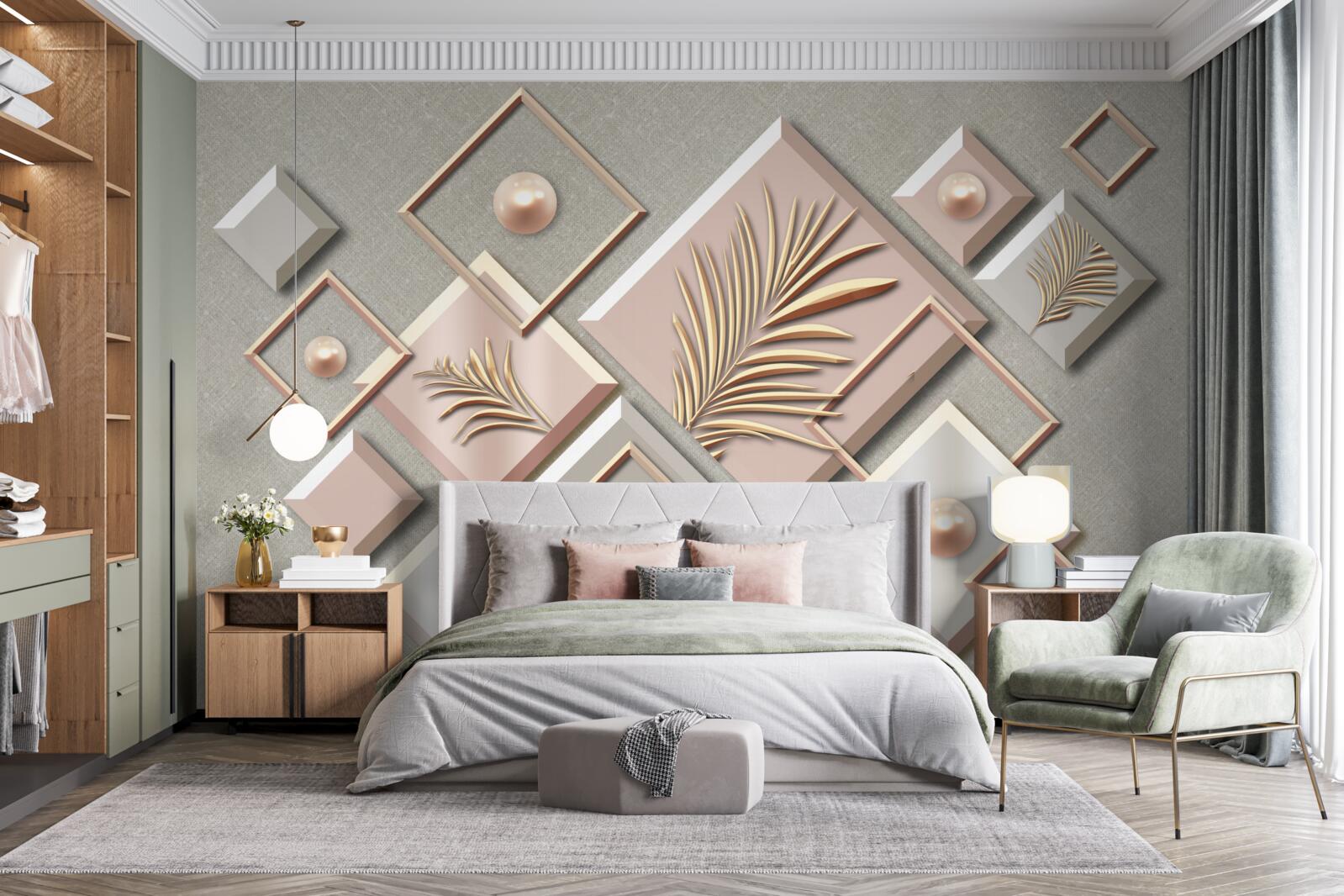 Фотошпалери абстракція у вигляді прямокутників з листям